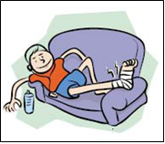 Cartoon guy on a sofa with a bandaged leg